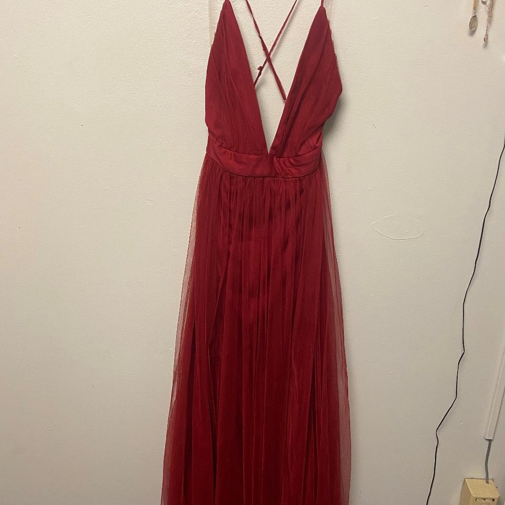Bright Red Deep V Neck Formal Dress with Tulle